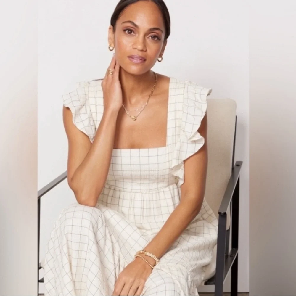 Evereve Mae Ivory Windowpane plaid ruffle Sundress Medium Midi length - Picture 3 of 13